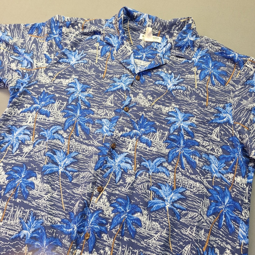 Milson by Ky's Mens Hawaiian Shirt XL Blue Palm Tree Sailboat Rayon Made in USA